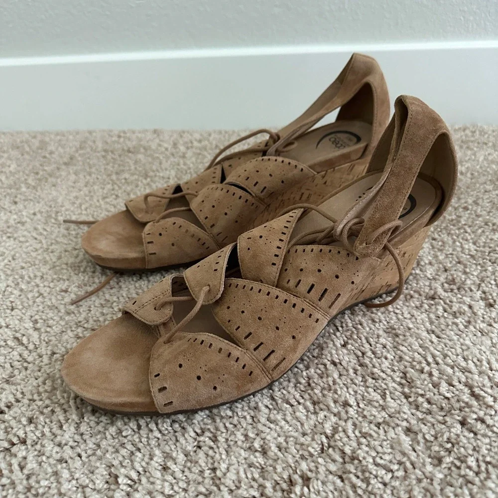 ABEO Lilia Wedge Sandals Women 11N Tan Suede Lace Up B.I.O.system Boho
